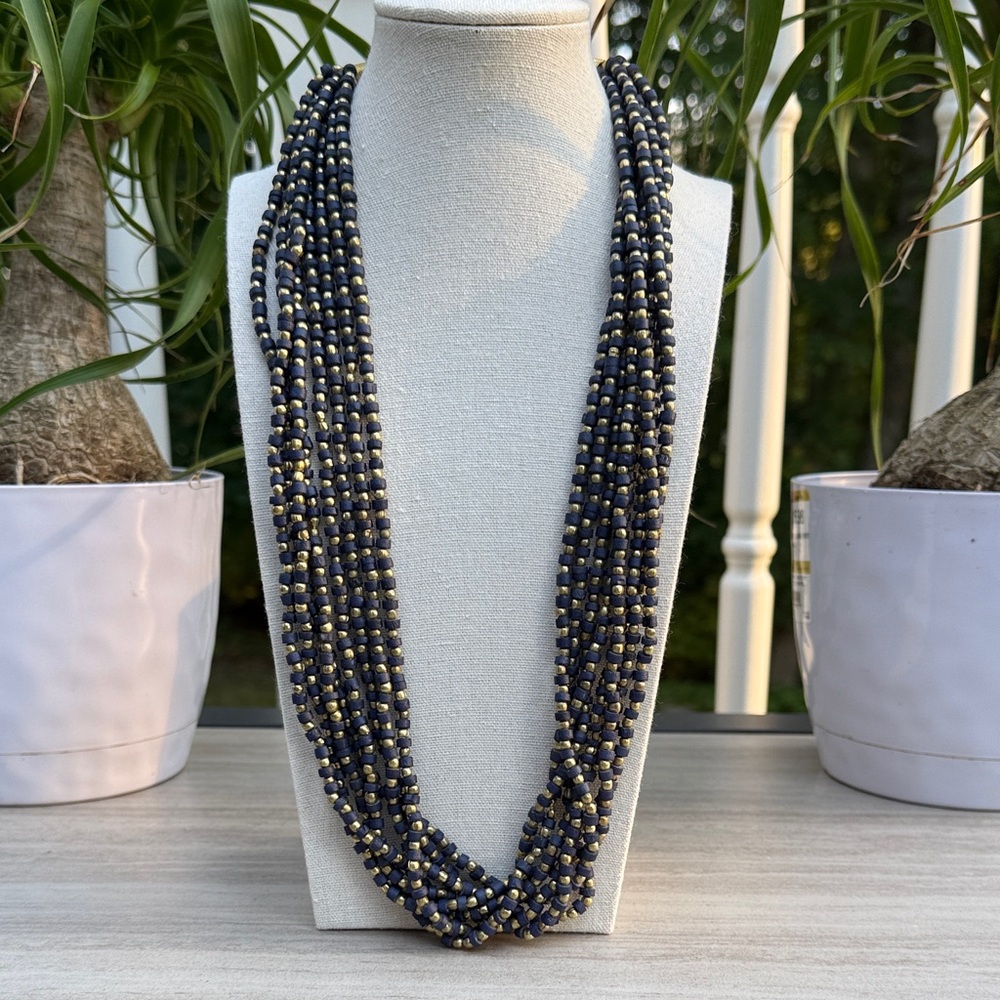 Vintage navy and Goldtone 8 strand beaded necklace with shepherds hook clasp